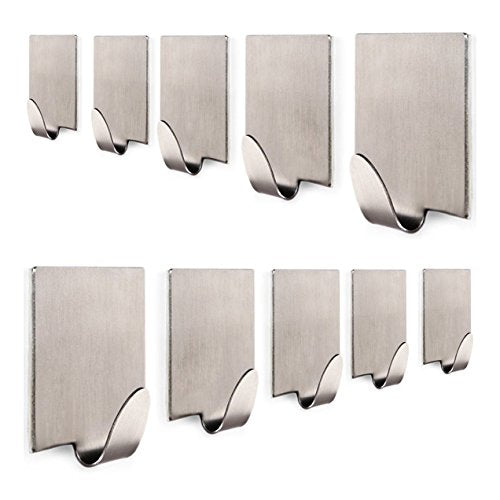 KONE Bathroom 3M Self Adhesive Hook for Towel and Robe, Brushed Stainless Steel, 10 - Pieces