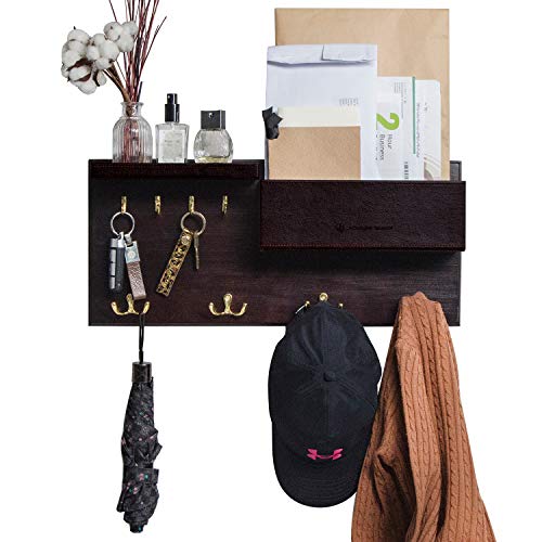 JackCubeDesign Entryway Coat Rack Wall Mount Key Holder Mail Envelope Hook Organizer Clothes Hat Hanger with Faux Brown Leather Shelf and Tray(Solid Wood, 20.5 x 9.1 x 3.4 inches) – :MK362B