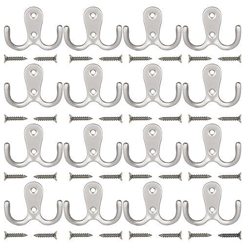 Maosifang 16 Pieces Double Prong Robe Hook Retro Cloth Hanger with 32 Pieces Screws in Matte Nickel,Silver