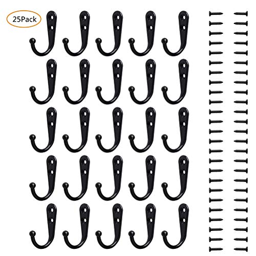 SUMAJU 25 Pieces Black Wall Mounted Hooks Robe Hook Single Coat Hanger No Scratch with 50 Screws