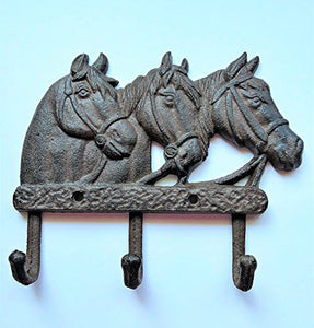 Cast Iron Three Hook Coat Key Towel Rack Triple Horse Head Rustic Decorative Wall Mounted