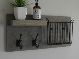 Rustic Mail Organizer Shelf with Magazine Rack and Coat Hooks by KeoDecor