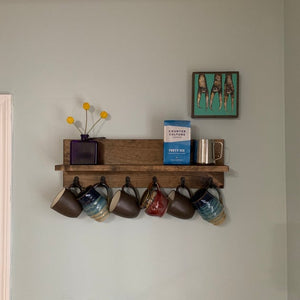 Coffee Cup Mug Rack with Shelf | The CHS | Rustic Modern Wood Wall Mounted Shelf Display Hook Organizer Mask Holder Coat Key Rack Key Holder by DistressedMeNot