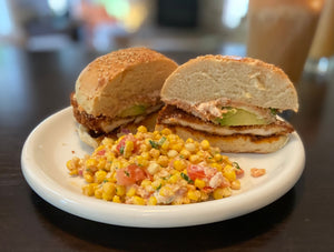 Cemita Poblana de Milanesa, Esquite Tostado Con Crema Y Queso, Iced Cafe de la Olla, and Flan Napolitano