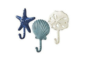 Sea Treasures Wall Hooks - Set of 3 - Antique Weathered Hangers - Scallop, Sand Dollar, Sea Star / Starfish
