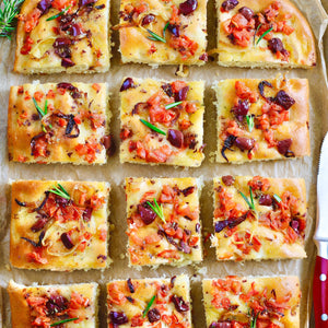 Rustic Focaccia with Tomatoes, Onions, and Olives