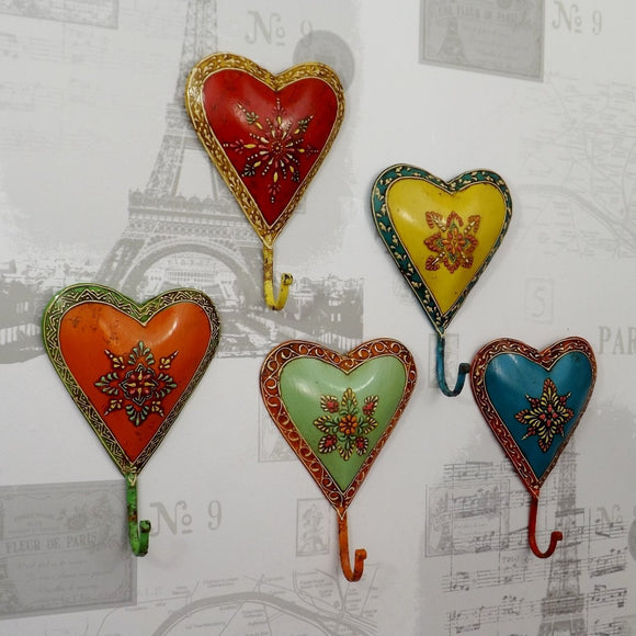 Bright hand painted set of 5 HEART Coat Hooks