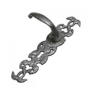 Bent Antique Black Iron Lever Door Handle On Loves Entwined Backplate · Kirkpatrick 1564 ·