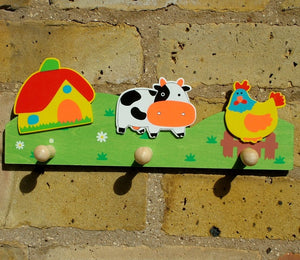 Children's Farm Yard Coat Rack with three wood peg hooks