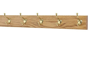 PegandRail Solid Oak Coat Rack with Solid Brass Hat and Coat Style Hooks - Made in The USA (Golden Oak, 25.5" x 3.5" with 5 Hooks)