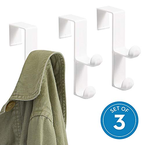 iDesign Over the Door Plastic Dual Hook Hanger for Coats, Jackets, Hats, Robes, Towels, Ideal for Bathroom, Bedroom, Mudroom, Set of 3, White