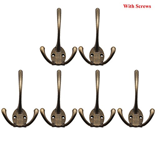 Exttlliy 6Pcs Zinc Alloy Wall Mounted Coat Hooks with 3 Flared Prongs Wall Hanging Coat Hangers with Screws (Bronze)