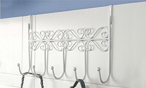 Wowlife Over the Door 5 Hook Rack - Decorative Hanger for Hanging Your Clothes - Coat - Hat Belt - Purse - And More - Stylish Organizer for Your Home or Office (White)