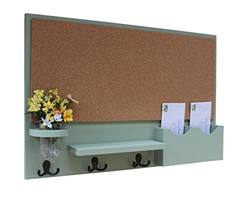 Legacy Studio Decor Cork Board Mail & Letter Holder with Key Hooks (Smooth, Mountain Sage)