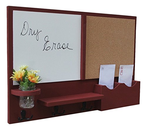 Legacy Studio Decor Message Center with White Board & Cork Board Letter Holder Coat Rack Key Hooks (Smooth, Barn Red)