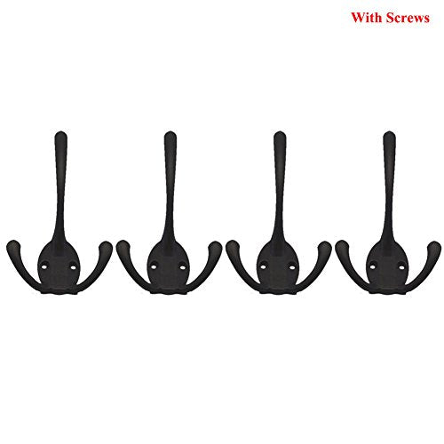 Exttlliy 4Pcs Zinc Alloy Wall Mounted Coat Hooks with 3 Flared Prongs Wall Hanging Coat Hangers with Screws (Black)