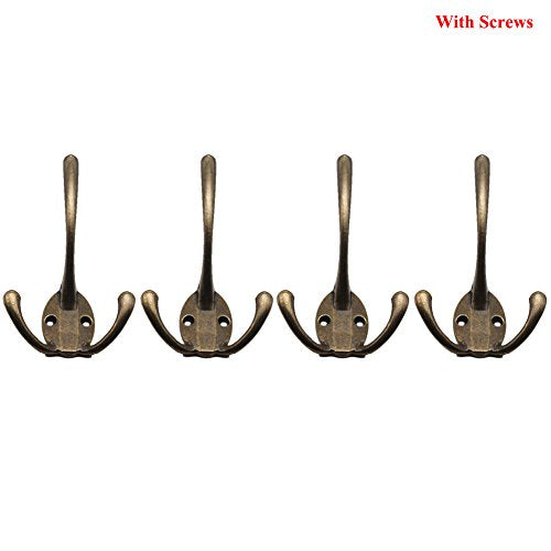 Exttlliy 4Pcs Zinc Alloy Wall Mounted Coat Hooks with 3 Flared Prongs Wall Hanging Coat Hangers with Screws (Bronze)