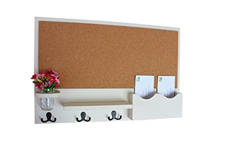 Legacy Studio Decor Cork Board Mail & Letter Holder with Key Hooks (Distressed, Off White)