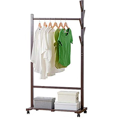 MING REN Wooden Coat Rack,Garment Clothing Rack Wood Coat Stand with Wheels and 6 Hooks Storage Shelves for Bags Shoe Clothes 2 Colors (Color : Brown)