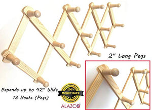 1 ALAZCO Accordion Style Wood Expandable Wall Rack 13 Hooks (Pegs) For Hat, Cap, Belt, Umbrella Coffee Mug Jewelry Hanging - 2" Long wooden Pegs