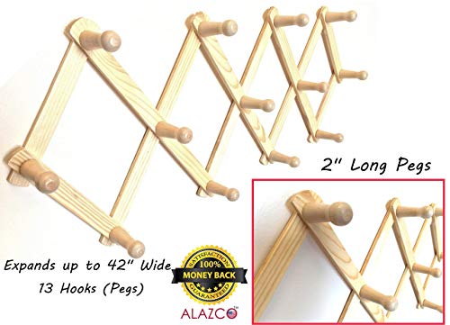 1 ALAZCO Accordion Style Wood Expandable Wall Rack 13 Hooks (Pegs) For Hat, Cap, Belt, Umbrella Coffee Mug Jewelry Hanging - 2
