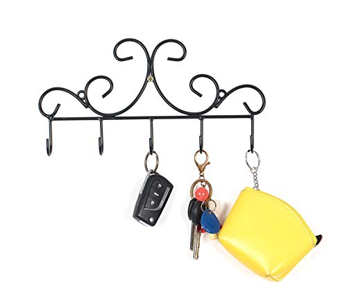 Wall Mounted Metal Hooks/Hangers - Door Hangers/Hooks - Decorative Organizer Rack with 6 Hooks for Keys Clothes Coats Hats Belts Towels Scarves Pots Cups Bags Kitchen Bathroom Garden (Black) (LSYY001)