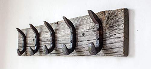 Vintage Rustic Coat Rack –Authentic Barn Wood Hanger Rack for Towels, Clothes, Hats, Bags–Antique Door & Wall Mounted 5-Hook Rail (Railroad Spike Double Hook- 32