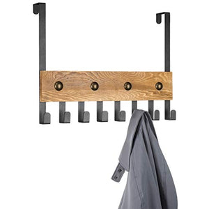 MyGift 8-Hook Black Metal & Burnt Wood Over-The-Door Coat & Towel Rack