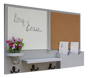 Legacy Studio Decor Message Center with White Board & Cork Board Letter Holder Coat Rack Key Hooks (Smooth, Gray)