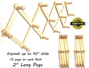 2 ALAZCO Accordion Style Wood Expandable Wall Racks - Each Has 13 Hooks (Pegs) For Hat, Cap, Belt, Umbrella Coffee Mug Jewelry Hanging - 2" Long wooden Pegs