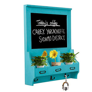 Whthteey Wooden Wall Mounted Chalkboard with Mail Sorter and Key Hooks Entryway Signboard Magazine Rack (Blue)
