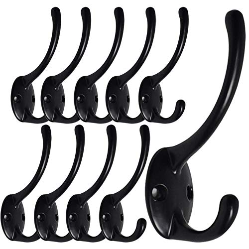 Dual Coat Hook/Hat Hooks Hardware(Upgraded&Thickened),10 Pack Heavy Duty Metal Double Coat Hanger - Wall Mounted (Two Types of Screws Included),Black Wall Hooks for Scarf, Bag, Towel, Key, Cap(10pack)