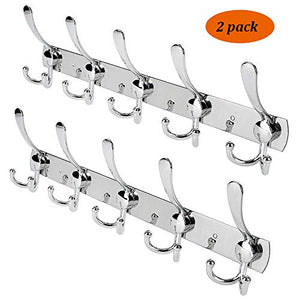 JOSHNESE Wall Mount Coat Hooks,5 Tri Hooks Heavy Duty Stainless Steel Hook Rail for Coat Hat Towel Robes Mudroom Bathroom Entryway?2 Pack,Silver