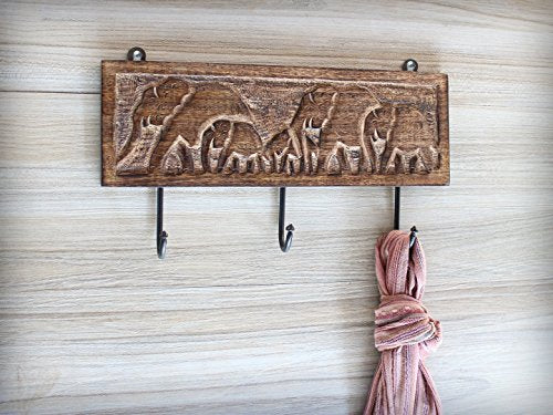 Store Indya Coutry Style Wooden Wall Hooks Multi-utility Coat Key Hat Scarf Bags Towel Hanger with 3 Sturdy Metal Hooks & Hand Carved Elephant Design