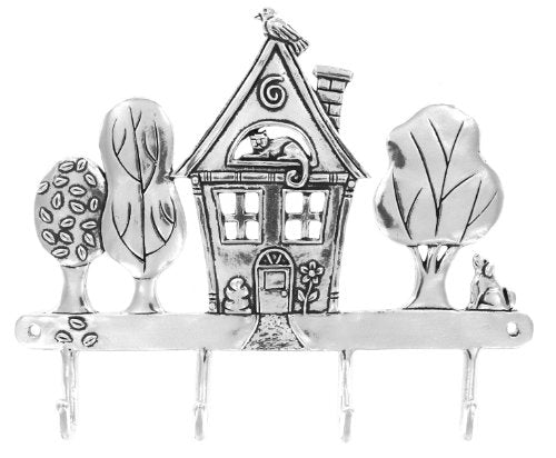 Basic Spirit Handcrafted Home Sweet Home Pewter Hanger for Wall with 4 hooks (use for keys, aprons, pot holders, hand towels, robes, jackets, more)