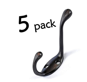 Ambipolar Heavy Duty Metal Decorative Dual Coat Hook/Hat Hook - Wall Mounted (Two Types of Screws Included), Wall Hook, Double Coat Hanger, 3-1/2", 5 Pack (Oil Rubbed Bronze).