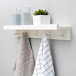 Coat Rack Wall-Mounted Shelf Bamboo Wooden Hook Rack with 5 Alloy Hooks and Upper Shelf for Storage for Entryway Hallway Bathroom Living Room Bedroom Kitchen,White