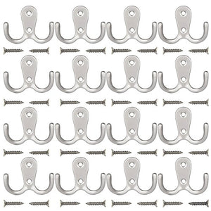 Maosifang 16 Pieces Double Prong Robe Hook Retro Cloth Hanger with 32 Pieces Screws in Matte Nickel,Silver