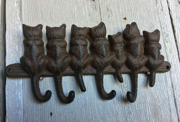 Rustic Cast Iron Hook With 7 Cats Wall Hanger - 4 Tail Hooks