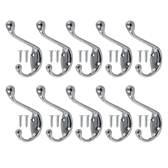 Okdeals 10 PCS Wall Mounted Dual Coat Hook, Heavy Duty Double Coat Hat Hanger with 20 Pieces Screws (Silver)