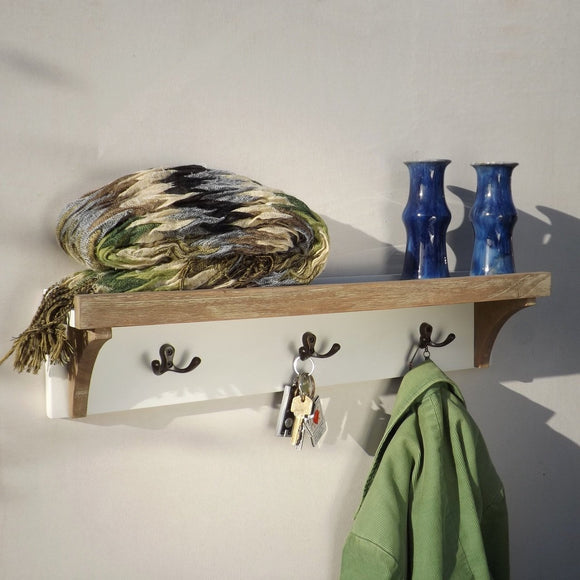 Natural Teak & White Painted Shelf  Coat Rack, Three hooks