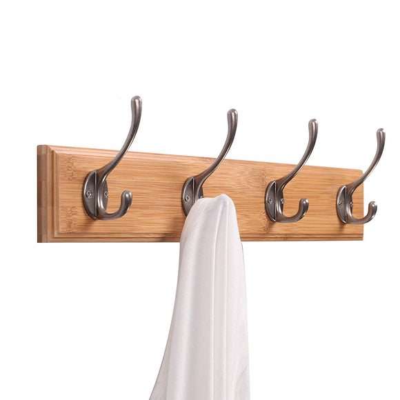 Modern Hook Rail/Coat Hat Rack with 4 Heavy Duty Coat and Hat Hanging Hooks, 19-Inch Wall mounted Jacket Clothes Towel Scarf Hanger,Flat Natural, Bamboo