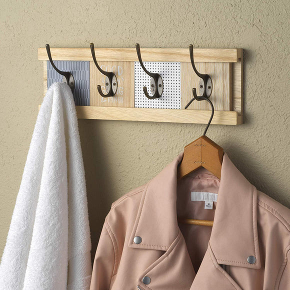 10 Street Home Wall Mount Coat Rack with 4 Adjustable Coat Hooks, for Entryway, Bedroom and Bathroom; Hat Rack, Towel Rack, Natural Wood, Easy to Install