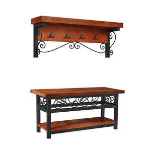 Whitby Chestnut Wood and Metal Scroll Coat Hook / Bench Set