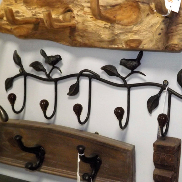 Iron 5 Hook Coat Rack featuring Birds on a Leafy Branch