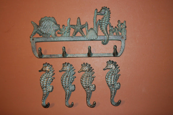 5), Bronze-look Seahorse Sea Life Coat Hooks, Free Shipping, Set of 5, Cast Iron, Ocean Beach Wall Decor, Beach House, H-34,N-25