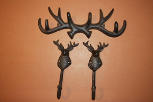 3) Deer Hunter Husband Gift Set, Free Shipping, Deer Hunter Coat Hooks, Cast Iron Antler Deer Wall Decor, Rustic Cabin, W67/W36