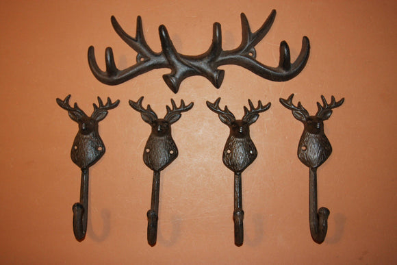 5) Rustic Vintage-look Cast Iron Antler Deer Head Wall Hooks, Free Shipping, Deer Hunter Mud Room Coat Hooks, Deer Hat Hooks