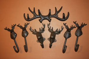 7) Rustic Vintage-look Cast Iron Antler Deer Head Wall Hooks, Free Shipping, Deer Hunter Mud Room Coat Hooks, Deer Hat Hooks