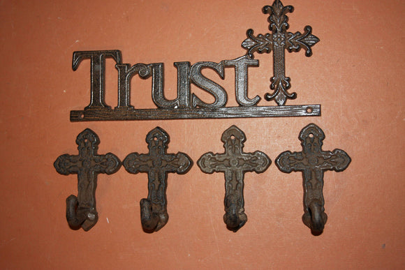 5) Church Meeting Room Coat Hook Set, Trust In The Lord Rustic Wall Plaque, Old World Mission Design Cross Wall Hooks, Cast Iron ~